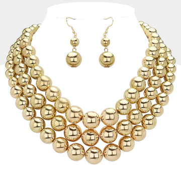 Madeline Love Gold Metal Ball Beaded Triple Layered Statement Necklace - Necklaces