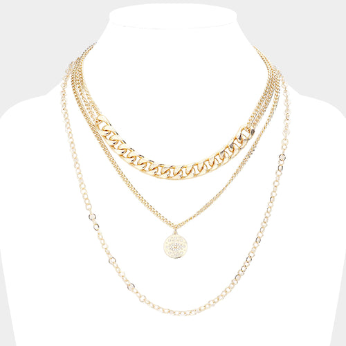 Rhinestone Embellished Evil Eye Metal Disc Pendant Triple Layered Necklace - Gold