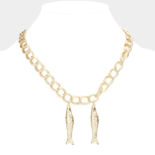 Double Metal Fish Pendant Necklace - Gold