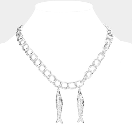 Double Metal Fish Pendant Necklace - Rhodium
