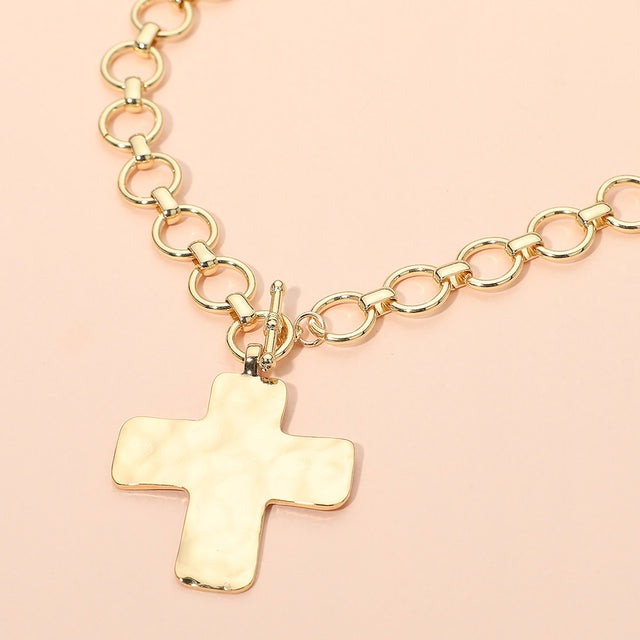 Madeline Love Gold Hammered Metal Cross Pendant Chunky Chain Toggle Necklace