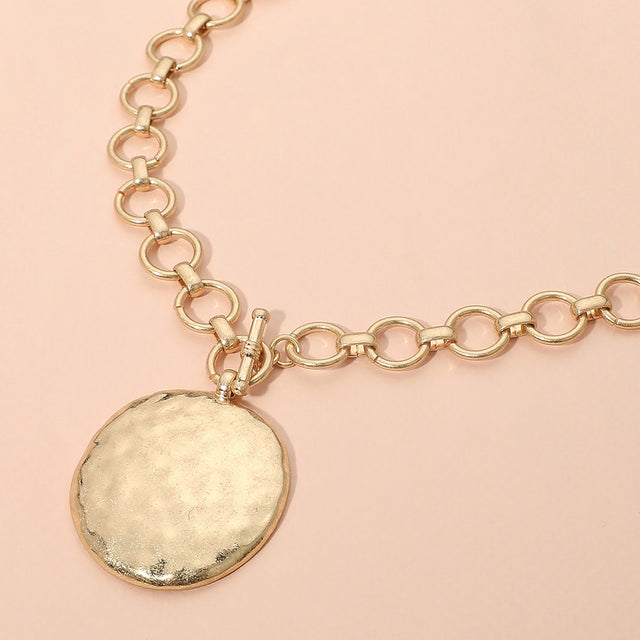 Madeline Love Worn Gold Hammered Metal Disc Pendant Accent Chunky Chain Necklace