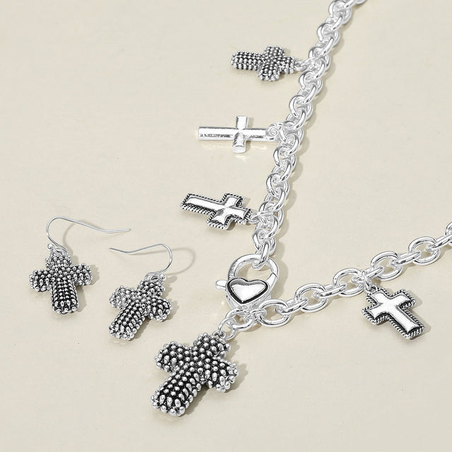 Madeline Love Antique Silver Textured Chunky Metal Cross Pendant Charm Necklace - Necklaces