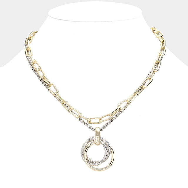 Madeline Love Two Tone Triple Open Metal Circle Link Pendant Double Layered Toggle Necklace - Necklaces