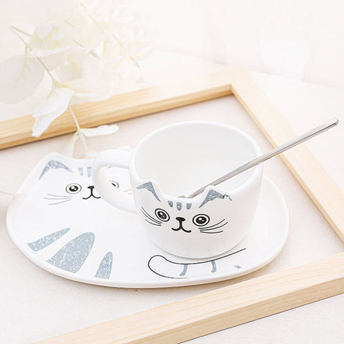 Cat Ceramic Mug Cup and Saucer Set - White