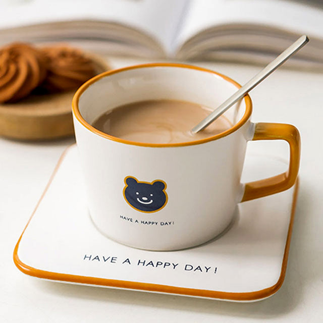 Madeline Love Mustard, White Have a Happy Day ! Message Cute Bear Ceramic Mug Cup and Saucer Set - Jewelry