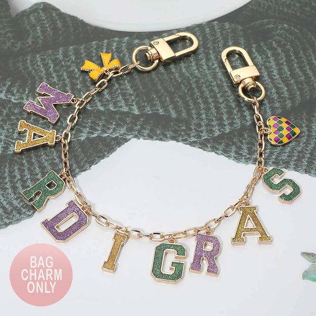 Madeline Love Gold, Green, Purple , Yellow MARDI GRAS Message Bow Heart Charm Station Bag Chain Charm - Bags & Wallets