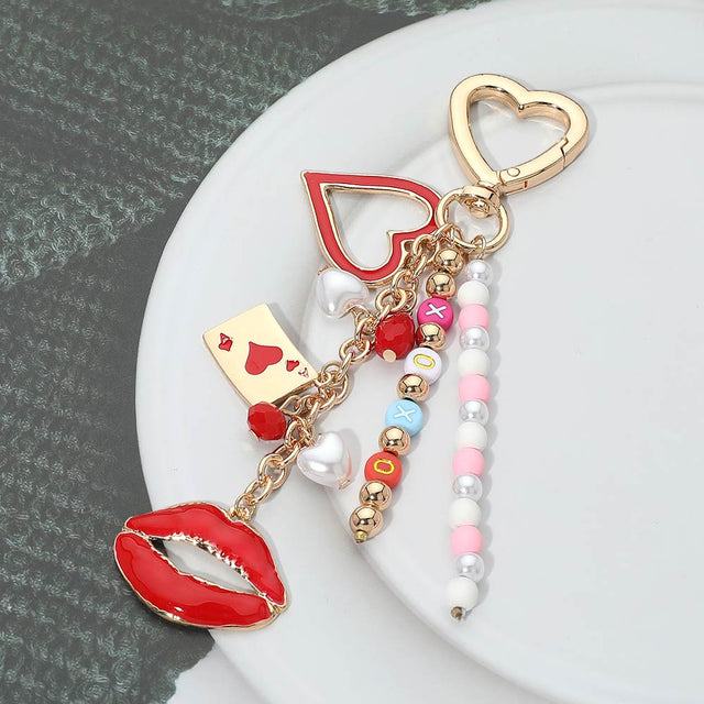 Madeline Love Gold, Red Lips Charm Drop Heart Charm Embellished Beaded Tassel Keychain Bag Charm - Bags & Wallets