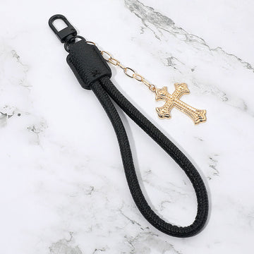 Madeline Love Black, Gold Cross Charm Drop Faux Leather Wristlet Keychain Bag Charm - Bags & Wallets