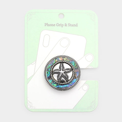 Abalone Metal Starfish Adhesive Phone Grip and Stand - Abalone, Antique Silver