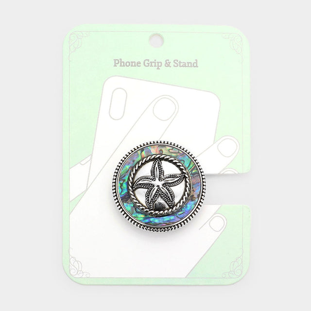Abalone, Antique Silver Abalone Metal Starfish Adhesive Phone Grip and Stand