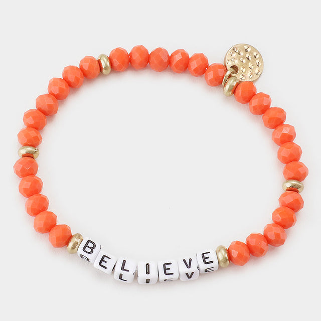 Madeline Love Orange BELIEVE Faceted Beaded Stretch Bracelet - Bracelets