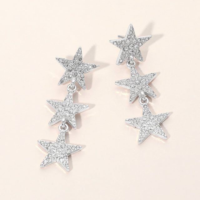 Madeline Love Clear, Rhodium Silver Dipped Rhinestone Pave Triple Star Link Drop Earrings