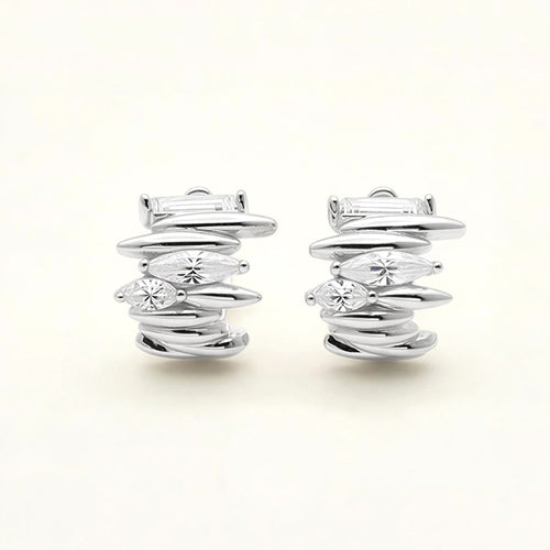White Gold Dipped Modern Stack CZ Hoop Earrings - Clear, Rhodium, White Gold
