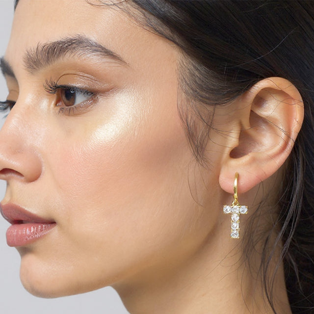 Madeline Love Gold 14K Gold Dipped T-Shaped CZ Stone Cluster Charm Dangle Huggie Hoop Earrings