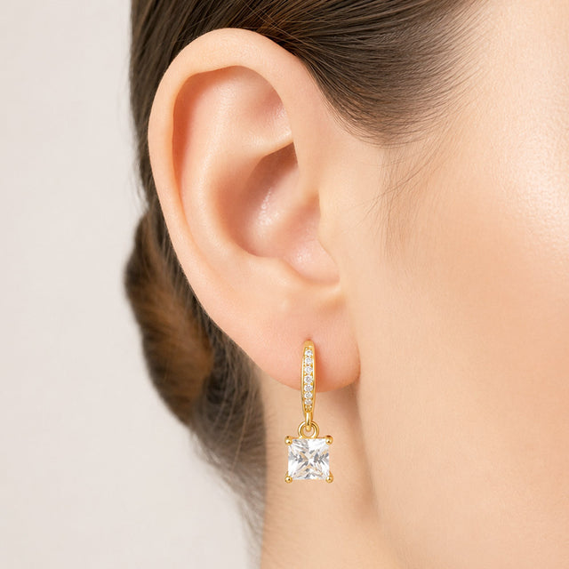 Madeline Love Clear, Gold 14K Gold Dipped Princess Cut CZ Drop Dangle Earrings