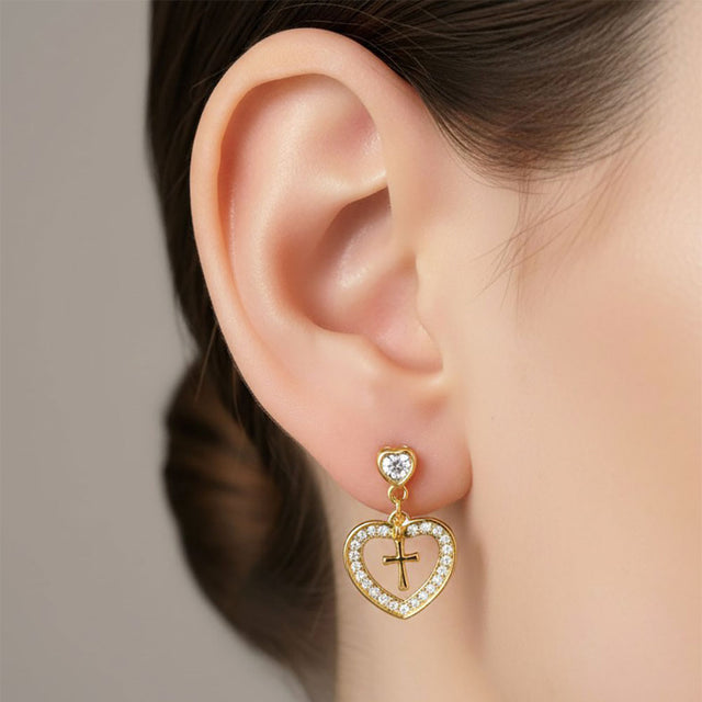 Madeline Love Clear, Gold 14K Gold Dipped CZ Heart Cross Drop Dangle Earrings