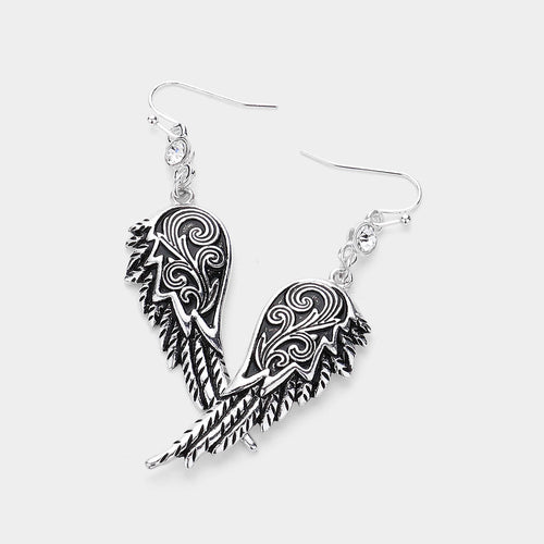 Crystal Accented Metal Angel Wing Drop Earrings - Antique Silver