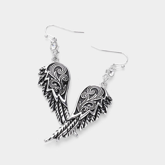 Madeline Love Antique Silver Crystal Accented Metal Angel Wing Drop Earrings - Jewelry