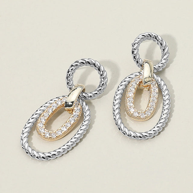 Madeline Love Two Tone 14K Gold Plated CZ Stone Paved Oval Center Twisted Layered Oval Dangle Earrings