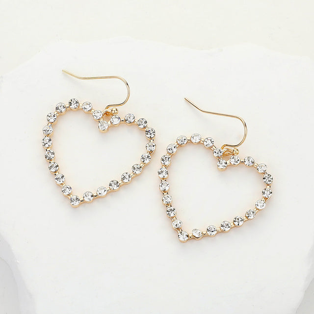Stone Paved Open Heart Dangle Earrings - Clear Gold - Earrings