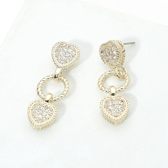 Madeline Love Gold 14K Gold Plated CZ Pave Heart Charm Link Drop Earrings