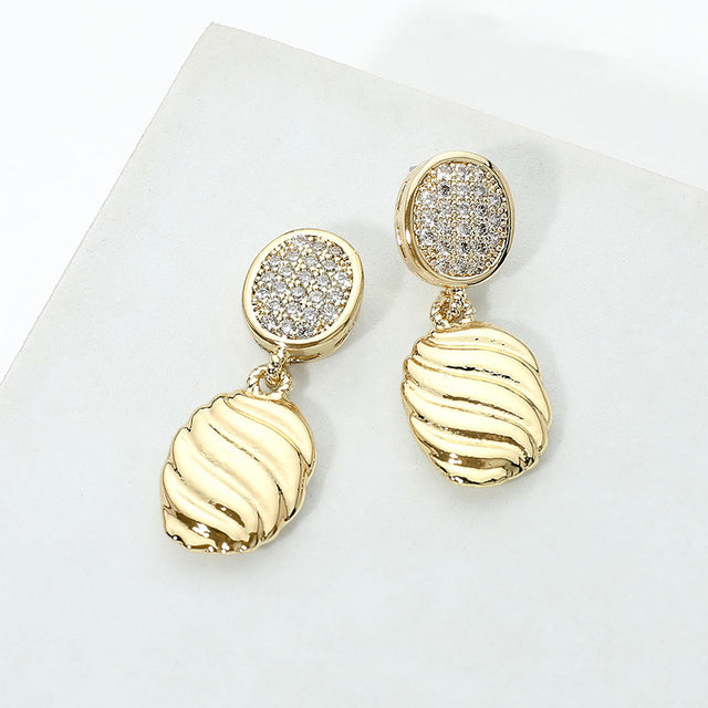Madeline Love Gold 14K Gold Plated CZ Pave Textured Oval Charm Link Drop Earrings
