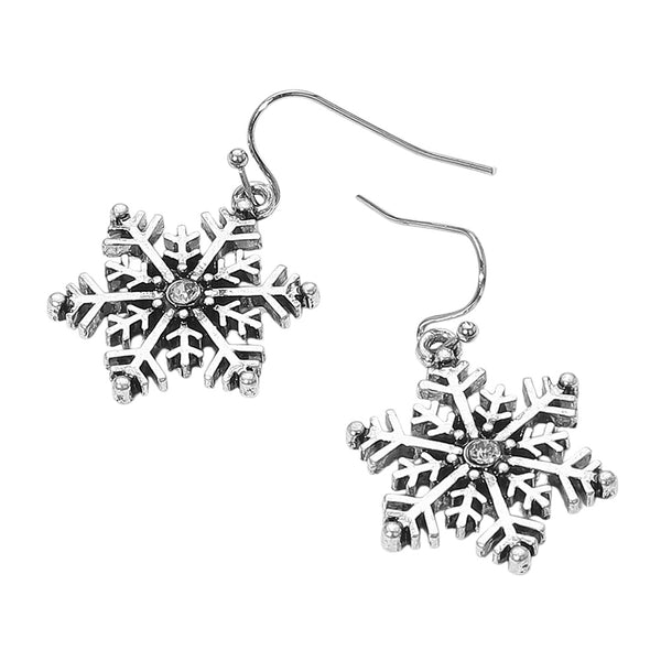 Silver Burnished Center Stone Accent Snowflake Dangle Earrings