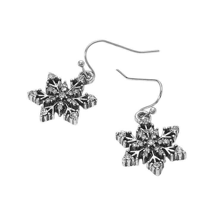 Silver Burnished Stone Studded Snowflake Dangle Earrings