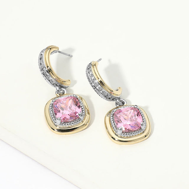Madeline Love Gold, Rose 14K Gold Plated Cushion Cut CZ Drop Hoop Earrings
