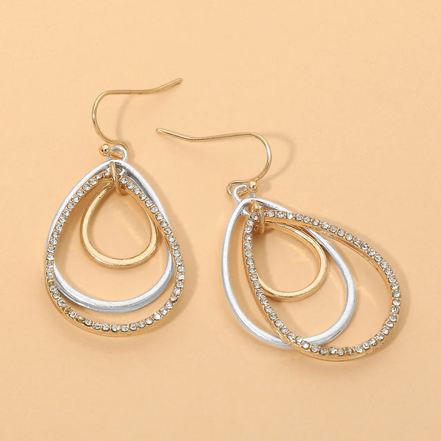 Madeline Love Clear, Two Tone, Worn Gold Rhinestone Pave Layered Open Teardrop Dangle Earrings