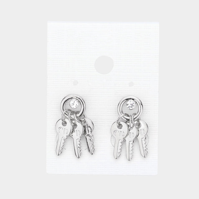 Madeline Love Rhodium Crystal detail triple metal key drop earrings - Jewelry