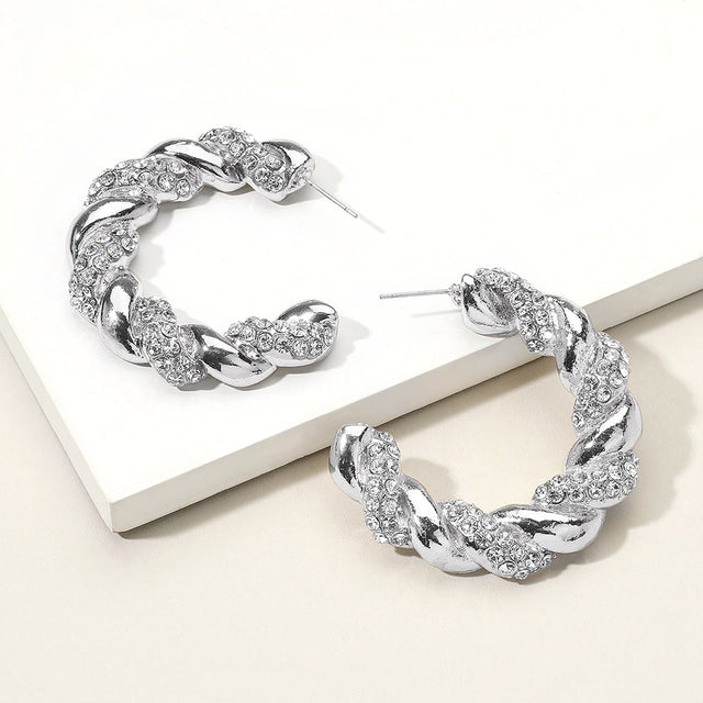 Madeline Love Rhodium Rhinestone Embellished Braided Metal Half Hoop Earrings