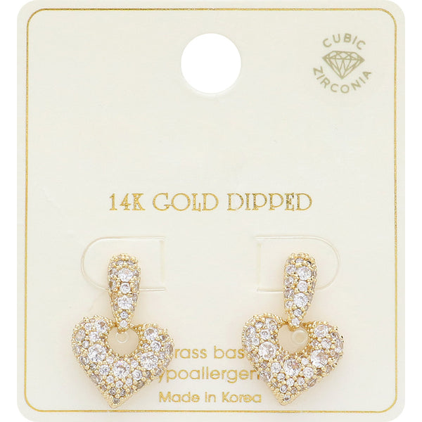 14K Gold Dipped CZ Stone Paved Heart Drop Earrings