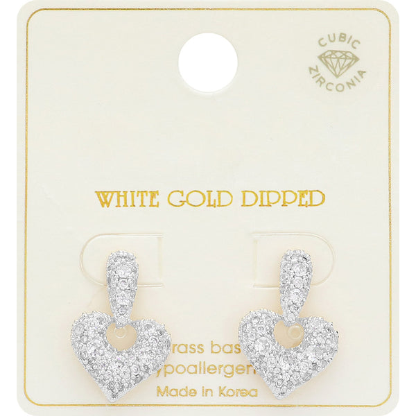 White Gold Dipped CZ Stone Paved Heart Drop Earrings