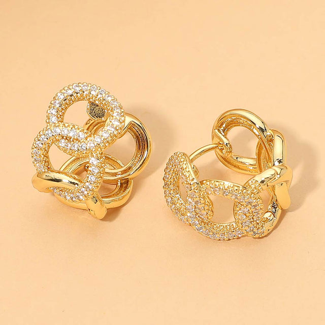 Madeline Love Clear, Gold 18K Gold Dipped Crystal Pave Chunky Link Huggie Hoop Earrings