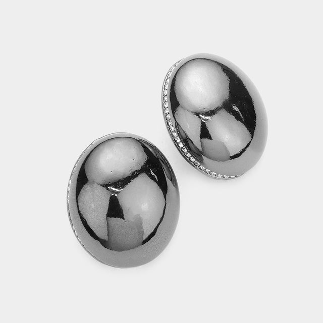 Madeline Love Hematite Rhinestone Paved Rim Metal Oval Earrings - Jewelry