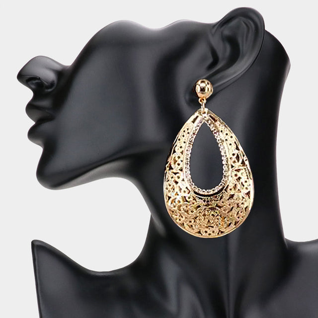 Madeline Love Gold Rhinestone Embellished Metal Filigree Teardrop Dangle Earrings