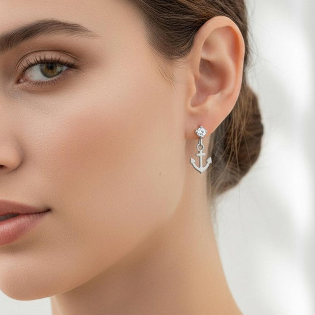 Madeline Love Clear, Rhodium White Gold Dipped CZ Accent Anchor Charm Drop Dangle Earrings - Jewelry