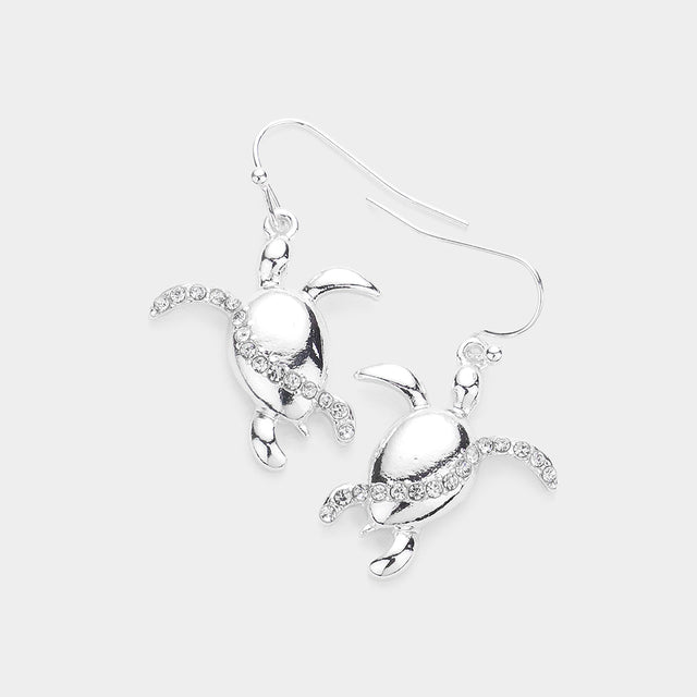 Silver Rhinestone Embellished Metal Turtle Dangle Earrings