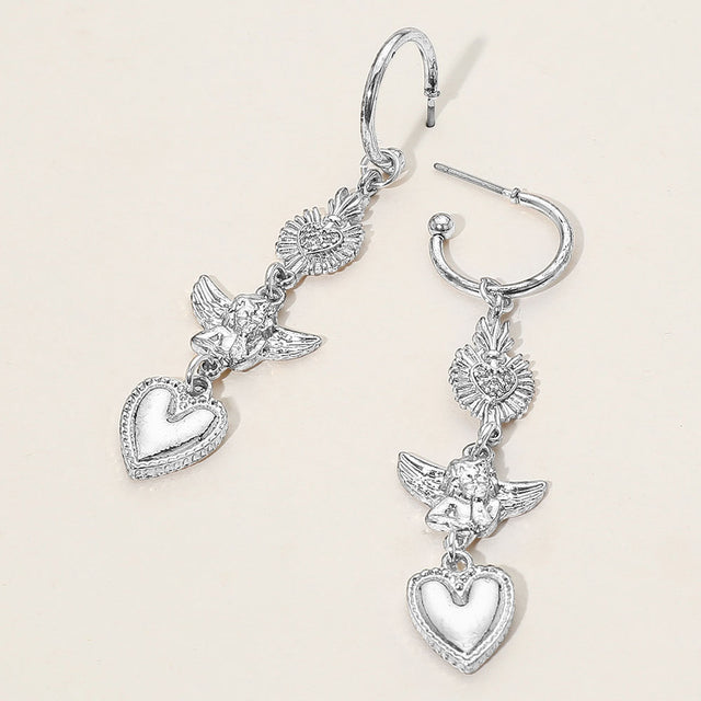 Madeline Love Antique Rhodium, Clear Rhinestone Paved Heart Vintage Angel Drop Earrings - Jewelry