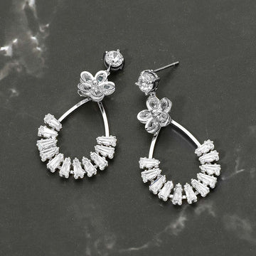 Madeline Love Rhodium White Gold Dipped CZ Flower Accent Baguette Stone Cluster Embellished Teardrop Drop Earrings