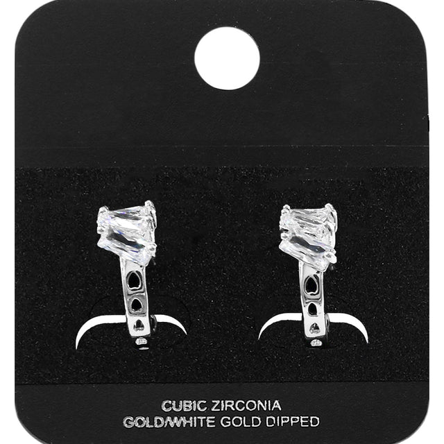 Madeline Love Rhodium White Gold Dipped Triple Baguette Cut CZ Cluster Accent Mini Open Hoop Earrings - Jewelry
