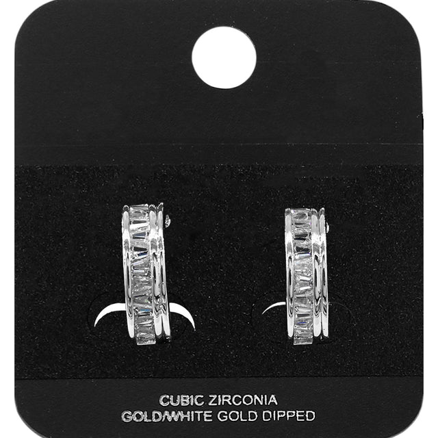 Madeline Love Rhodium White Gold Dipped Baguette CZ Embellished Mini Open Hoop Earrings - Jewelry