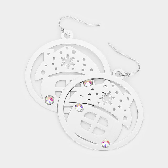 Madeline Love Silver Stone Embellished Cutout Christmas House Brass Metal Round Dangle Earrings - Jewelry