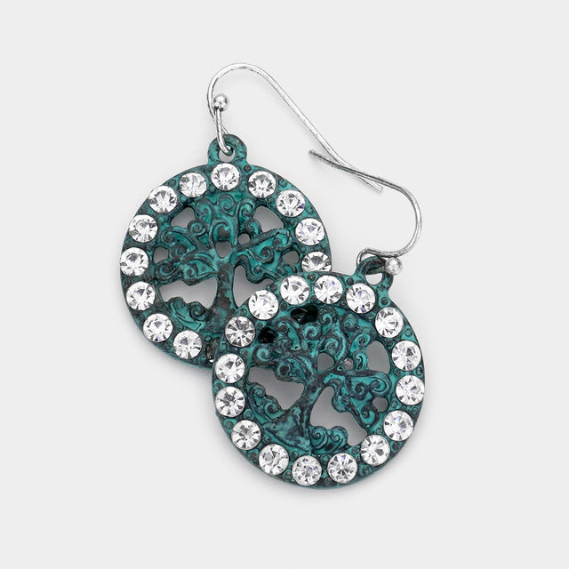 Madeline Love Patina Verdigris Stone Embellished Metal Tree of Life Dangle Earring - Jewelry
