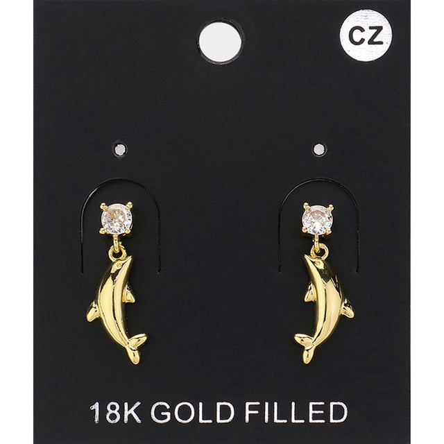 Clear, Gold CZ Stone Pointed Metal Dolphin Dangle Earrings