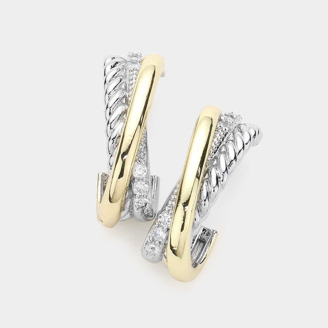 Madeline Love Two Tone 14K Gold Plated Two Tone CZ Stone Paved Crisscross Rope Metal Half Hoop Earrings - Jewelry