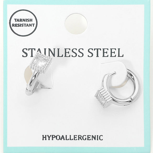 Madeline Love Clear, Rhodium Stainless Steel Square Stone Accent Mini Huggie Hoop Earrings - Jewelry