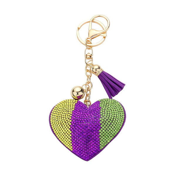 Mardi Gras Bling Heart Tassel Keychain, Add a touch of celebration and flair to your keys with our Mardi Gras Keychain. Made with high-quality materials, this keychain features a dazzling bling heart and a fun tassel. Show off your love for Mardi Gras and hold your keys with this stylish and practical accessory.